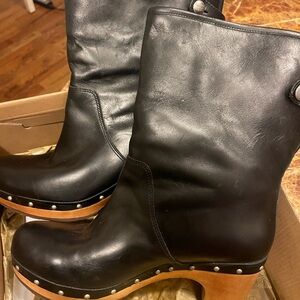 UGG Black Leather Mules with Wooden Sole